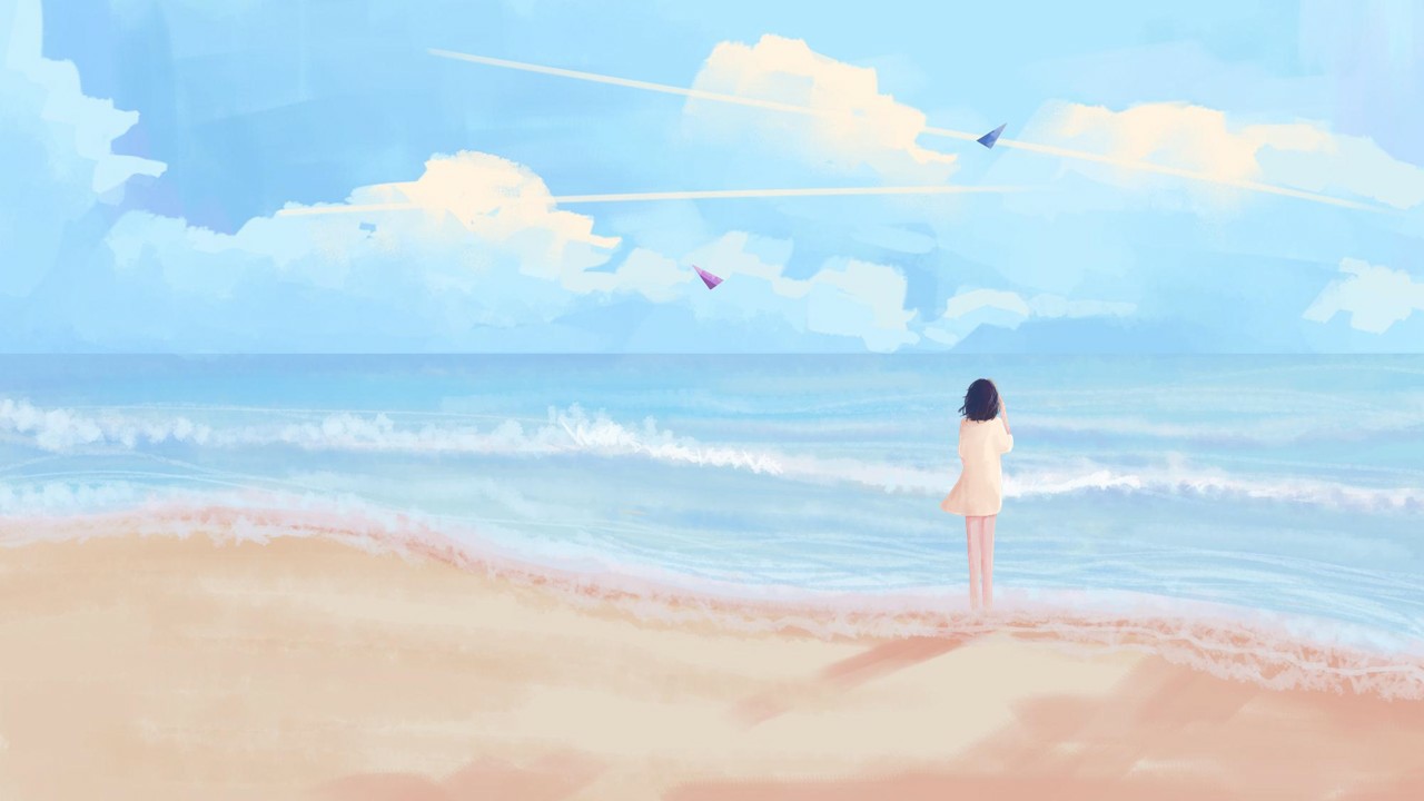 <b>5 unique watercolor-style seaside beach girl PPT background images</b>